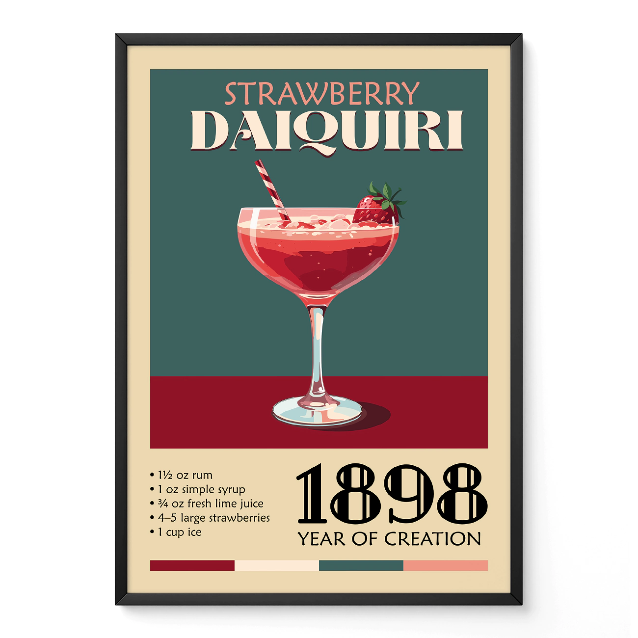 Vintage poster of a Strawberry Daiquiri cocktail with ingredients listed below