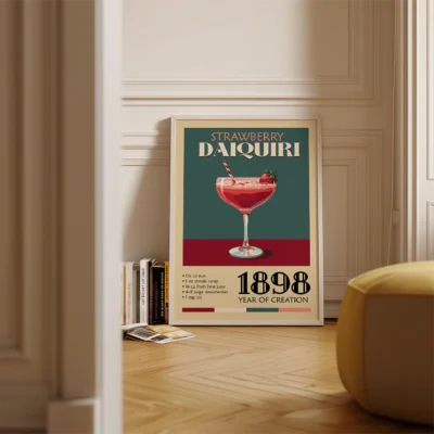 A vintage poster of a strawberry daiquiri cocktail, with text details about its ingredients and creation year.