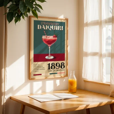 Vintage poster of a Strawberry Daiquiri cocktail, framed and displayed in a sunlit room.