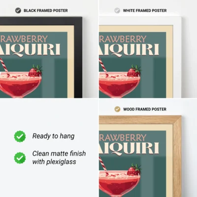 Vintage poster of a Strawberry Daiquiri cocktail, framed and displayed in a sunlit room.