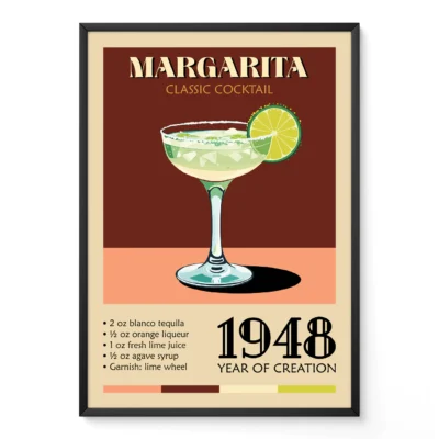 Vintage Margarita cocktail poster featuring a recipe and the year 1948