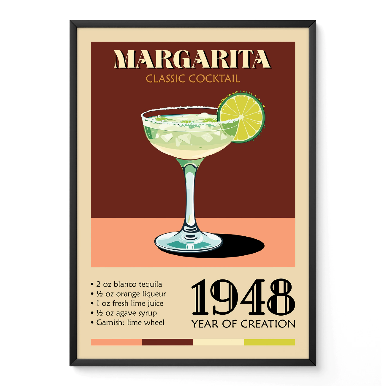 Vintage Margarita cocktail poster featuring a recipe and the year 1948