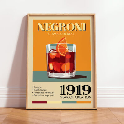Vintage poster of a Negroni cocktail with ingredients listed