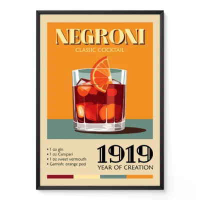 Vintage poster of a Negroni cocktail with ingredients listed