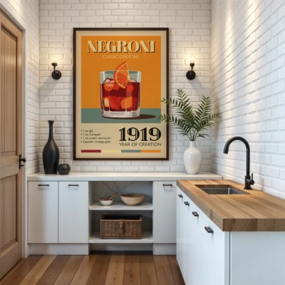 A vintage poster of a Negroni cocktail in a stylish kitchen setting, featuring a glass with a drink and an orange slice.