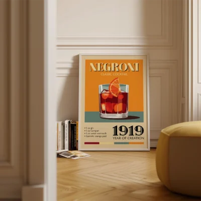 An artistic poster of a Negroni cocktail with the text indicating it as a classic cocktail from 1919.