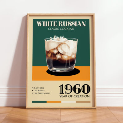 A vintage poster displaying a White Russian cocktail with ingredients and year of creation.