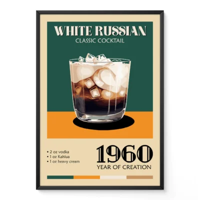A vintage poster displaying a White Russian cocktail with ingredients and year of creation.