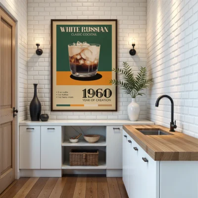 Interior view of a kitchen with a White Russian cocktail poster on the wall, displaying the drink's ingredients and year of creation.