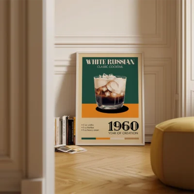 A vintage poster of a White Russian cocktail with ice, showcasing its ingredients and the year of creation, 1960.