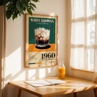 Vintage poster of a White Russian cocktail with ingredients and year of creation.