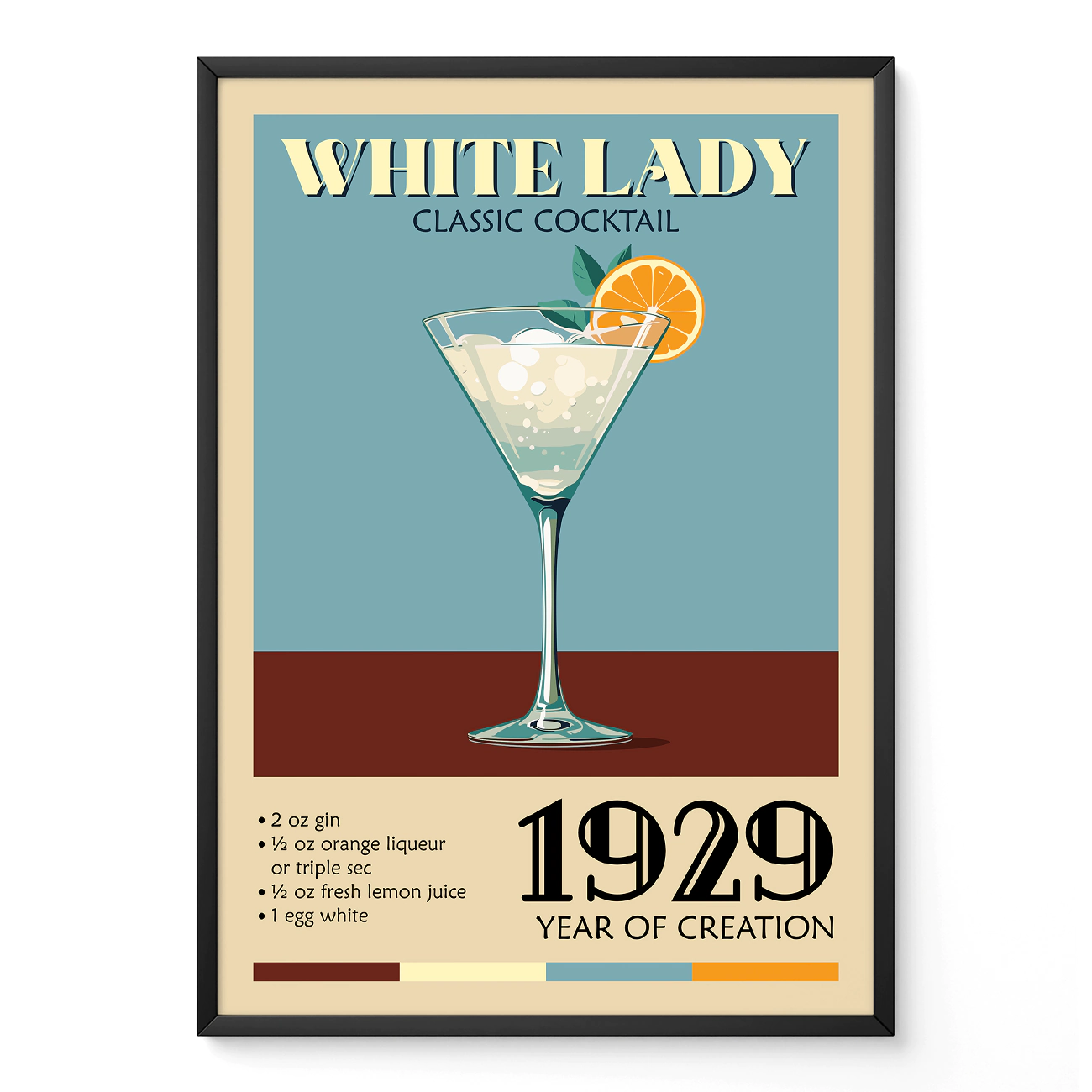 Vintage poster of the White Lady cocktail featuring the drink in a glass with garnishes and recipe ingredients