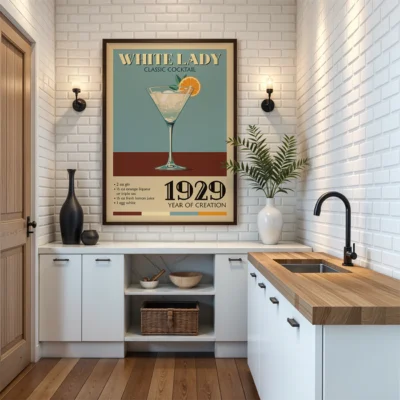 A vintage poster of the White Lady cocktail displayed in a modern kitchen, with a martini glass and orange garnish, and the year 1929.