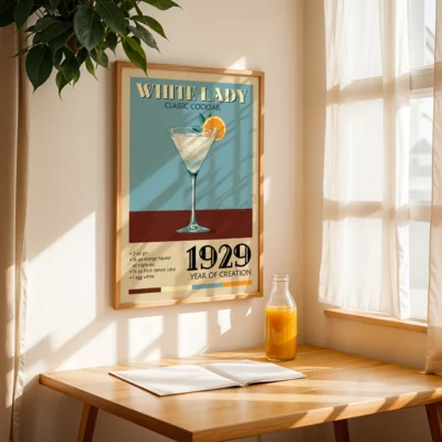 Vintage poster of the White Lady cocktail in a sunlit room, showcasing the drink and its ingredients.