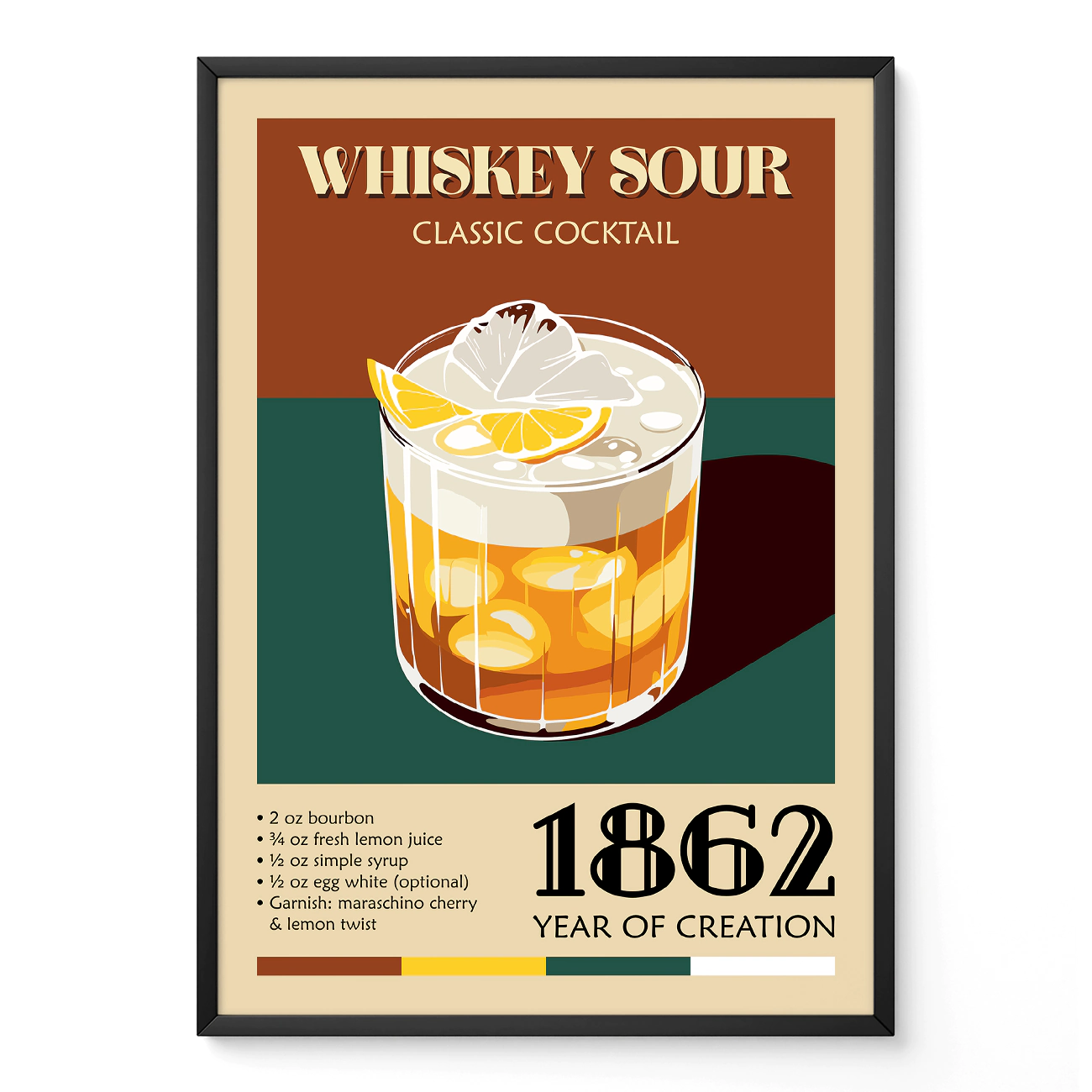 Vintage poster for Whiskey Sour cocktail with ingredients and year of creation