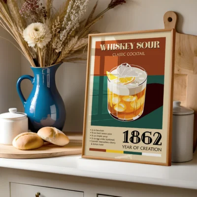 Vintage poster depicting a Whiskey Sour cocktail with ingredients and year of creation, 1862.