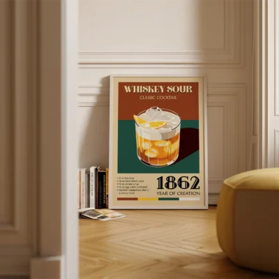 A colorful poster of a Whiskey Sour cocktail, with details of its ingredients and the year 1862 printed on it, situated in a cozy interior environment.
