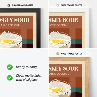Whiskey Sour cocktail poster with three framed options: black, white, and wood.