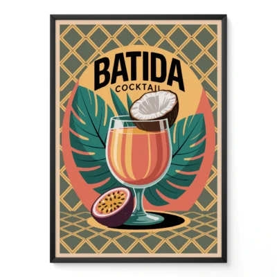 Poster depicting a Batida cocktail garnished with coconut on a background of tropical leaves and geometric pattern.