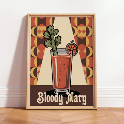 Illustration of a Bloody Mary cocktail in a tall glass with a garnish of celery and tomato, against a retro patterned background.