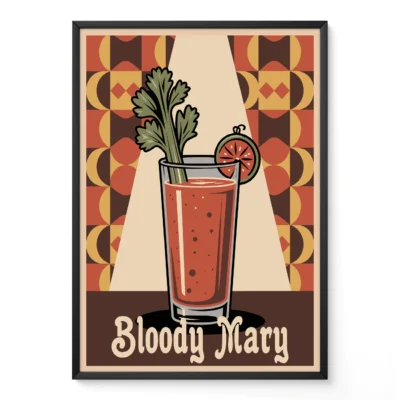 Illustration of a Bloody Mary cocktail in a tall glass with a garnish of celery and tomato, against a retro patterned background.