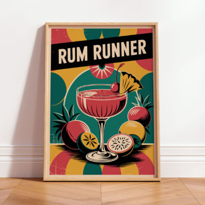A vintage-style poster showcasing a Rum Runner cocktail with tropical fruits in the background.