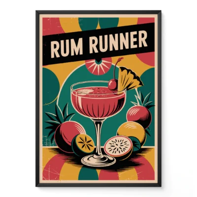 A vintage-style poster showcasing a Rum Runner cocktail with tropical fruits in the background.