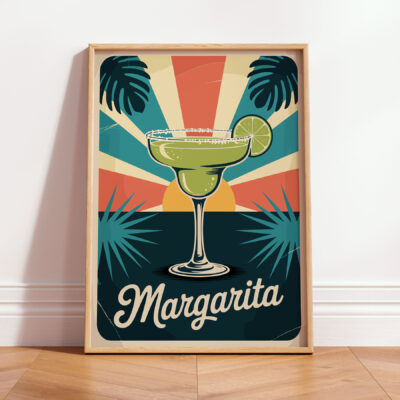 A retro-style illustration of a margarita cocktail with a lime slice, palm leaves, and a sunburst background.