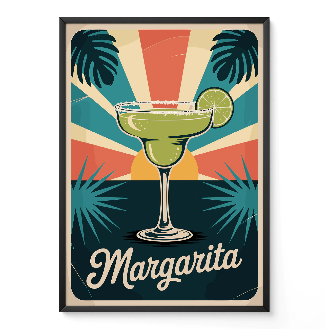 A retro-style illustration of a margarita cocktail with a lime slice, palm leaves, and a sunburst background.