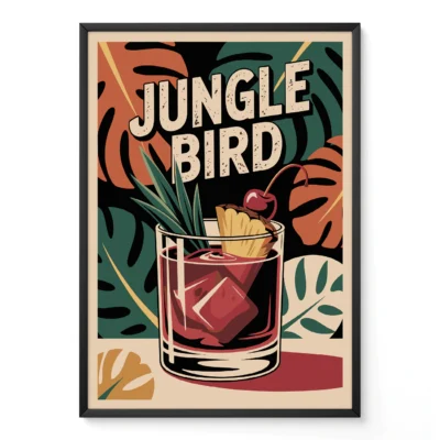 Poster of Jungle Bird cocktail featuring a glass with ice, pineapple, and cherry on a tropical background with leaves.