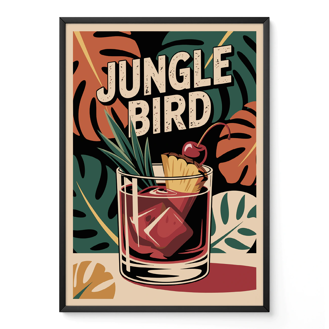 Poster of Jungle Bird cocktail featuring a glass with ice, pineapple, and cherry on a tropical background with leaves.