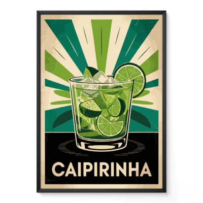 An illustrated poster of a Caipirinha cocktail with lime wedges and ice in a glass, surrounded by green rays and the word 'CAIPIRINHA' at the bottom.