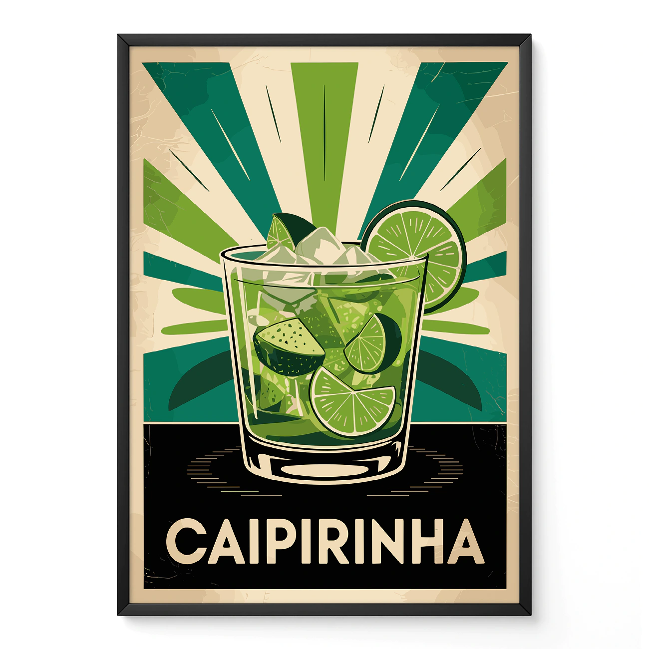 An illustrated poster of a Caipirinha cocktail with lime wedges and ice in a glass, surrounded by green rays and the word 'CAIPIRINHA' at the bottom.
