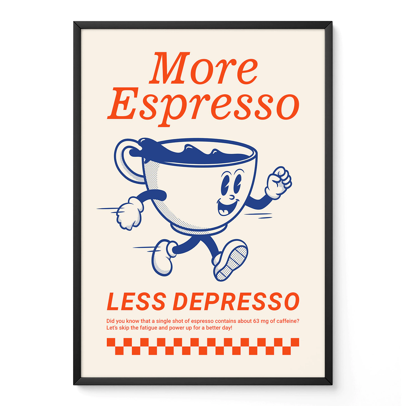 Retro coffee poster with dancing espresso cup and text “More Espresso, Less Depresso” in bold red and blue.