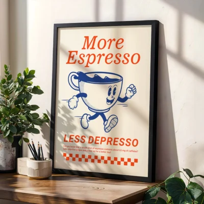 “More Espresso, Less Depresso” coffee wall print placed in natural light beside indoor plants.
