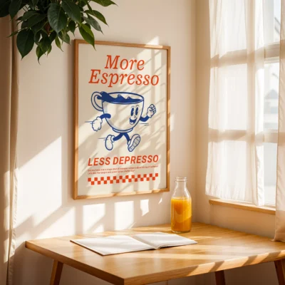Fun retro-style coffee print in wood frame featuring dancing espresso mug and colorful text.