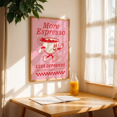 Pink framed coffee poster with happy espresso cup, styled near window with warm lighting.