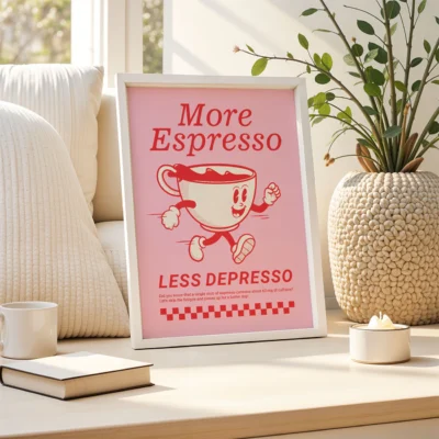 “More Espresso Less Depresso” print styled in soft neutral room with pink and cream tones.