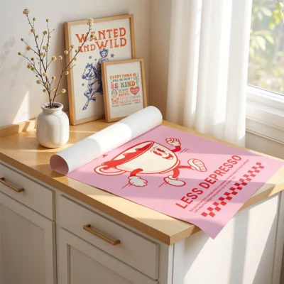 Set of pink espresso-themed posters laid out on tabletop in soft natural lighting.