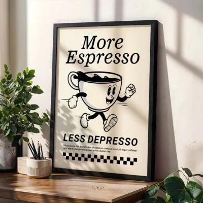 Espresso poster in black and cream style near plants, with cheerful coffee cup design.