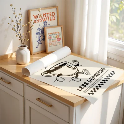 Set of black and cream coffee prints on tabletop, featuring espresso cup and vintage quote.