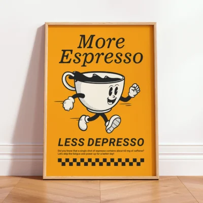 Framed vintage-style orange coffee poster featuring dancing espresso cup and witty quote.