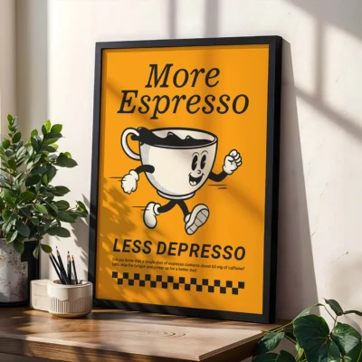 Espresso-themed retro poster with orange background displayed beside houseplant in warm light.