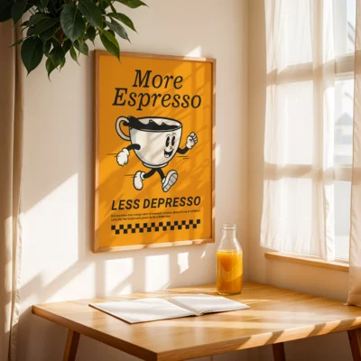 Bright espresso poster in vintage design leaning against window with natural sunlight and cozy setup.
