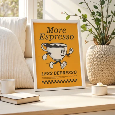“More Espresso Less Depresso” poster in warm orange frame styled with plants and ceramics.