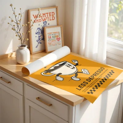 Retro orange espresso posters laid out on desk with natural lighting and matching warm tones.