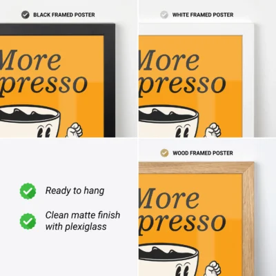 Digital preview of orange espresso quote posters in framed and printable versions.