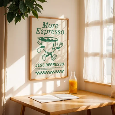 Espresso-themed cream and green wall art near sunny window with cozy morning ambiance.