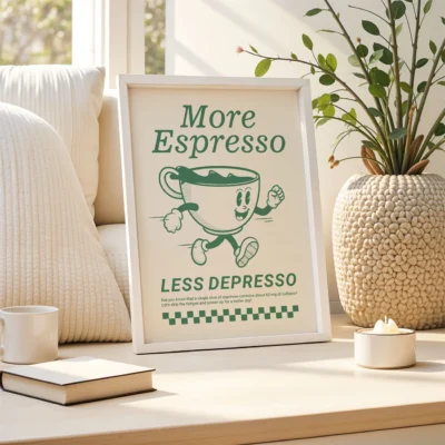 Green espresso quote poster on cream background styled with plants and natural textures.
