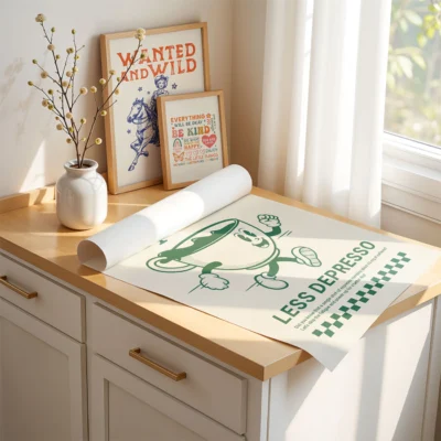 Coffee prints in green and cream laid flat on table in warm daylight, retro quote design.